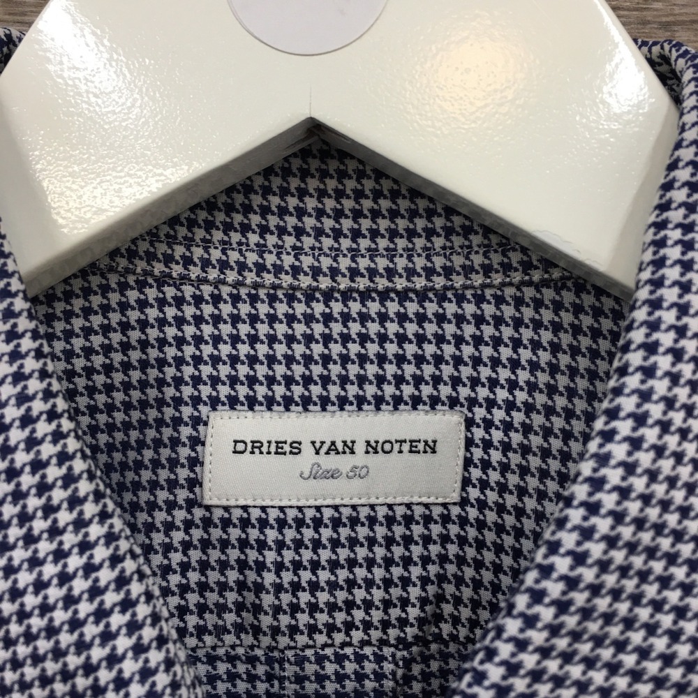 Dries Van Noten Mens Houndstooth Long Sleeve Button Shirt Blue White Size 50 - Picture 3 of 8